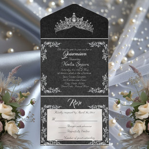 Tiara & Foil Leaf Frame Quinceanera - Black/Silver All In One Invitation