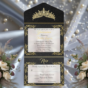 Tiara & Foil Leaf Frame Quinceanera - Pearl/Gold All In One Invitation