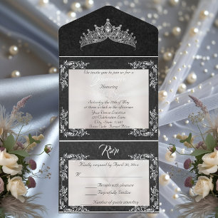 Tiara & Foil Leaf Frame Quinceanera - Pearl/Silver All In One Invitation