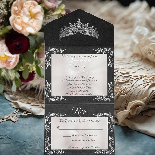 Tiara & Foil Leaf Frame Quinceanera - Pearl/Silver All In One Invitation (Creator Uploaded)
