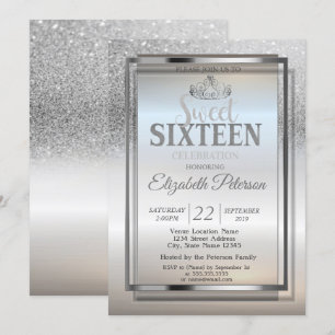 Tiara,Frame Silver Glitter Bokeh Sweet 16 Party Invitation