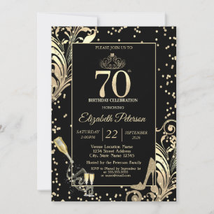 Tiara Glitter Heels Diamonds Swirls 70th Birthday Invitation