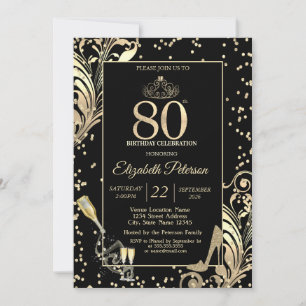 Tiara Glitter Heels Diamonds Swirls 80th Birthday Invitation