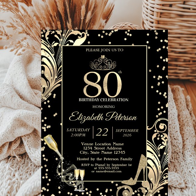 Tiara Glitter Heels Diamonds Swirls 80th Birthday Invitation (Creator Uploaded)