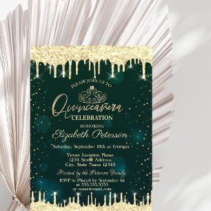 Tiara,Gold Glitter Drips Stars Green Quinceañera Invitation