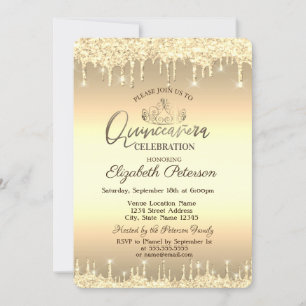 Tiara,Gold Glitter Drops Quinceañera Invitation