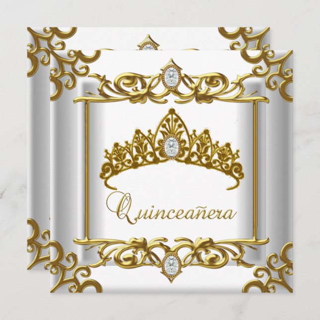 Tiara Gold White Quinceanera 15th Birthday Invitation (Front/Back)