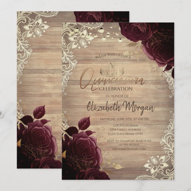 Tiara,Lights,Wood Burgundy Roses Lace Quinceañera  Invitation (Front/Back)