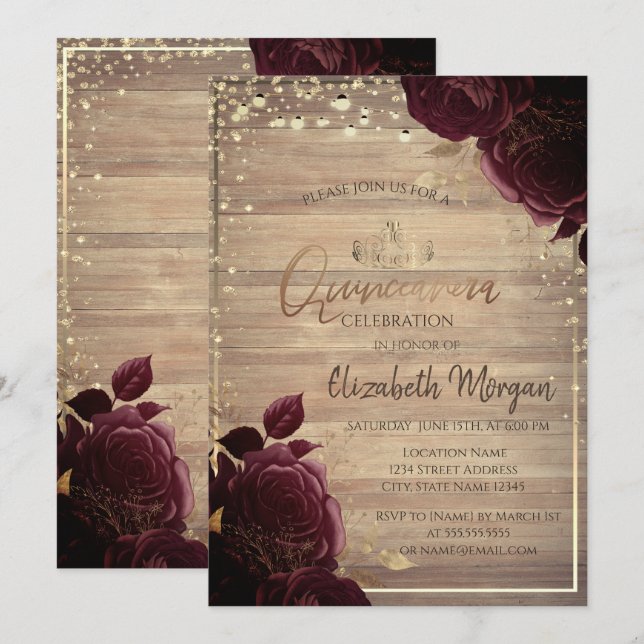 Tiara,Lights,Wood Burgundy Roses Quinceañera  Invitation (Front/Back)