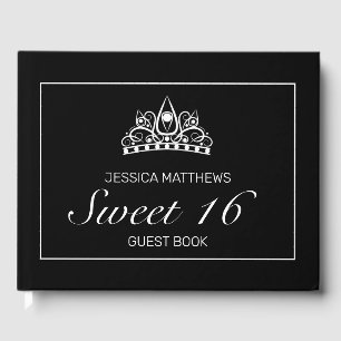 Tiara Modern Black Minimalist Sweet 16 Birthday Guest Book
