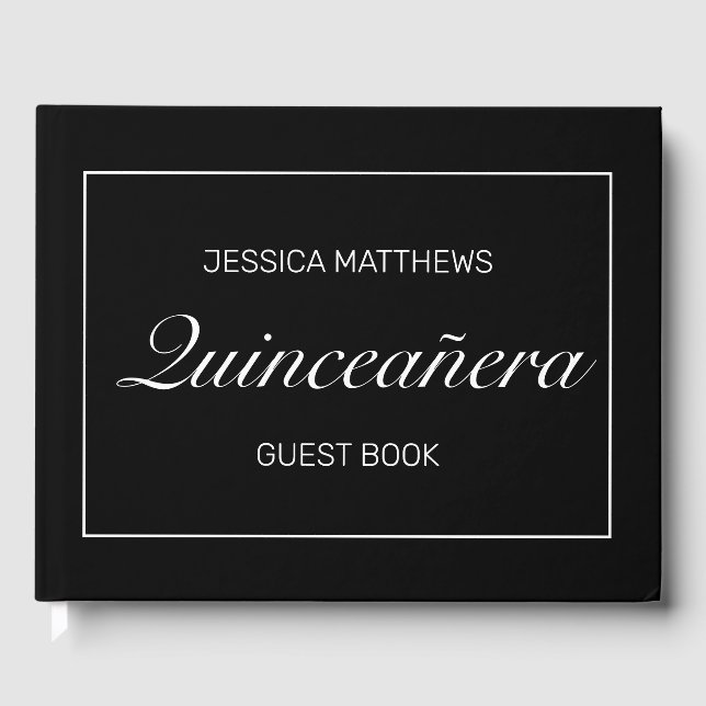 Tiara Modern Minimalist Black Quinceañera Birthday Guest Book (Front)