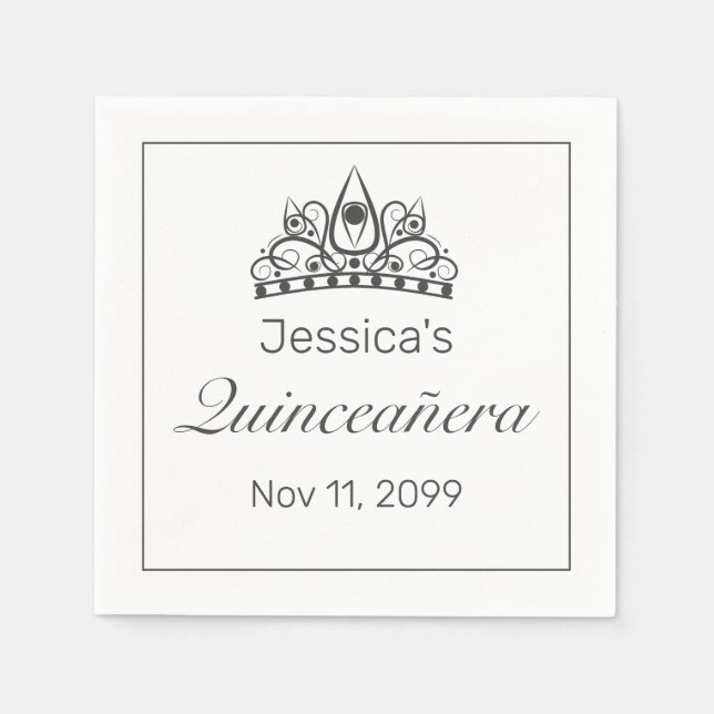 Tiara Modern Minimalist White Black Quinceañera Napkin (Front)