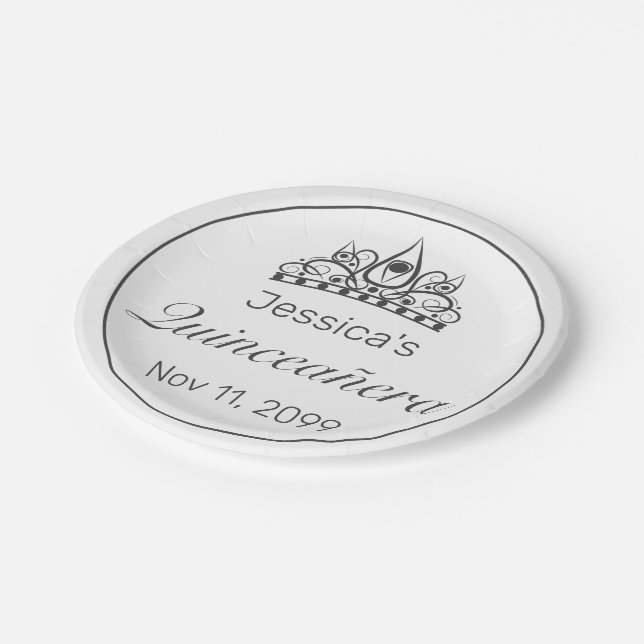 Tiara Modern Minimalist White Black Quinceañera Paper Plate (Angled)