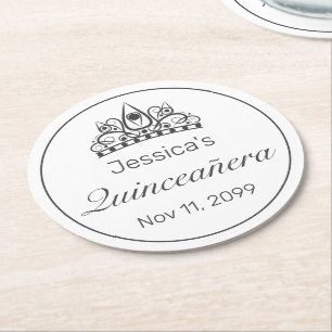 Tiara Modern Minimalist White Black Quinceanera Round Paper Coaster