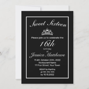 Tiara Modern Minimalist White Black Sweet 16 Invitation