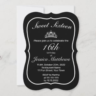 Tiara Modern Minimalist White Black Sweet 16 Invitation