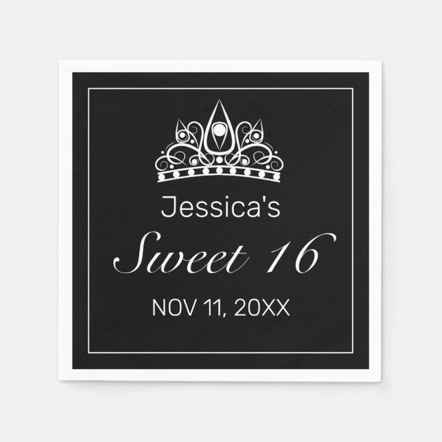 Tiara Modern Minimalist White Black Sweet 16 Napkin (Front)