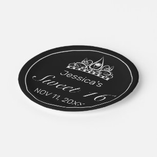 Tiara Modern Minimalist White Black Sweet 16 Paper Plate