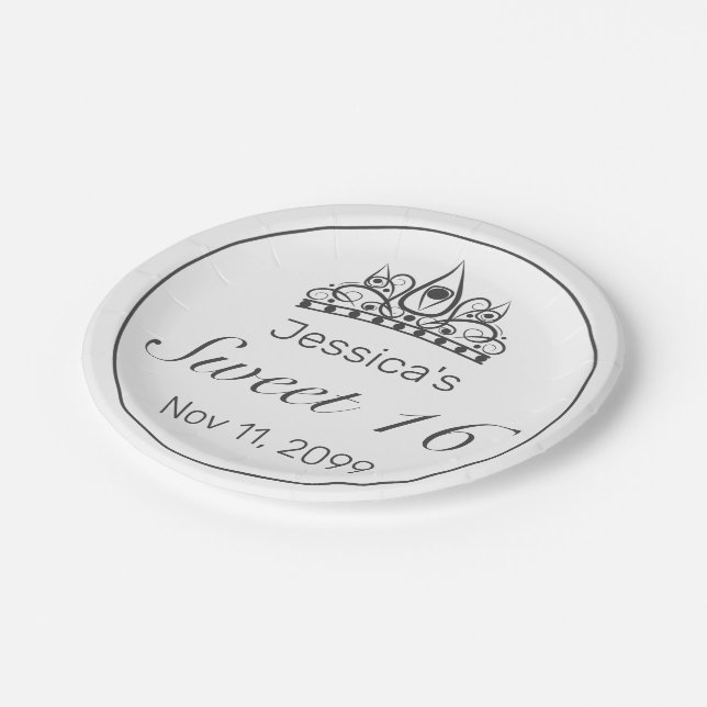 Tiara Modern Minimalist White Black Sweet 16 Paper Plate (Angled)