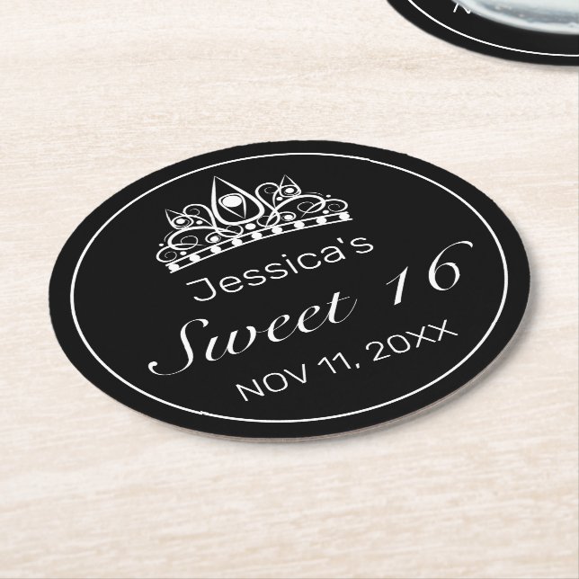 Tiara Modern Minimalist White Black Sweet 16 Round Paper Coaster (Angled)