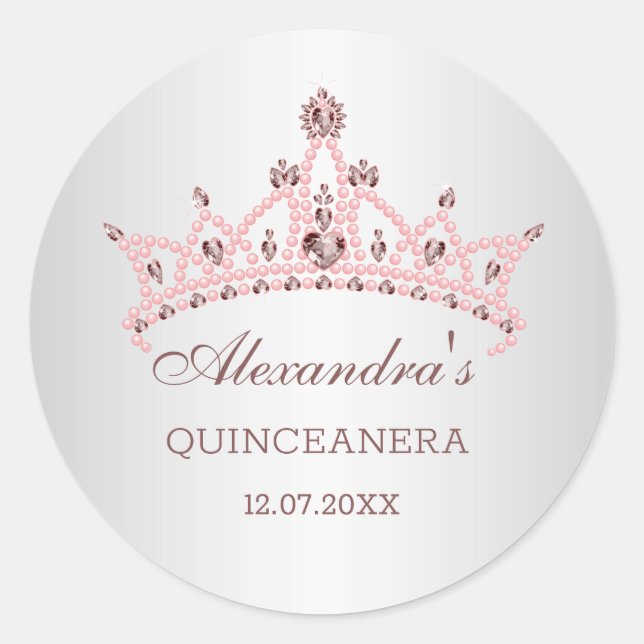 Tiara pearls, gemstones in heart shape Quinceanera Classic Round Sticker (Front)