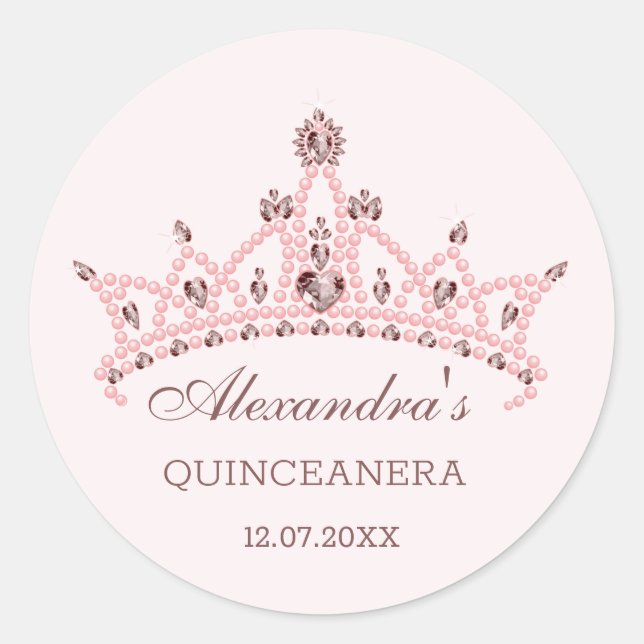 Tiara pearls, gemstones in heart shape Quinceanera Classic Round Sticker (Front)