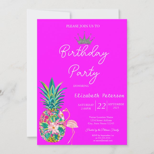 Tiara Pineapple Pink Flamingos Neon Pink Birthday Invitation (Front)