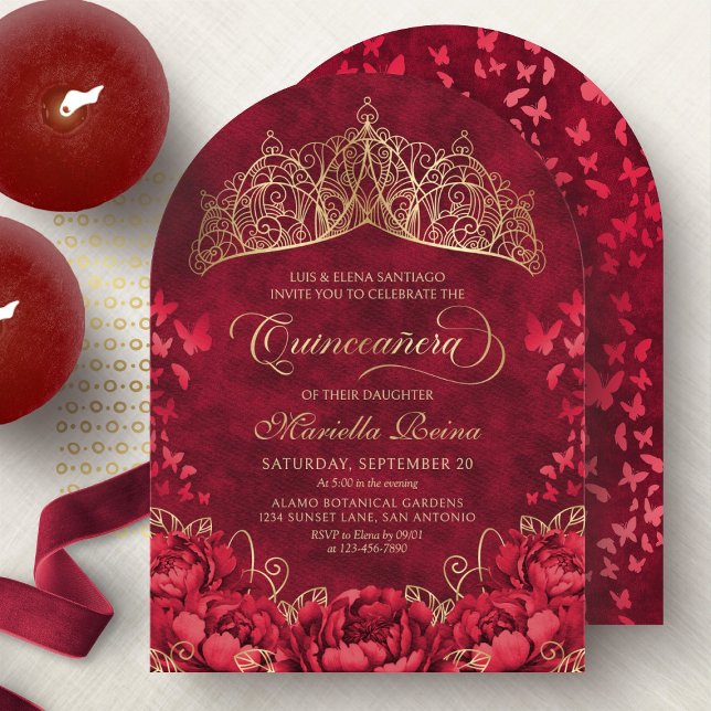 Tiara Princess Red Gold Elegant Quinceanera Invitation (Creator Uploaded)