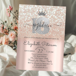 Tiara,Rose Gold Glitter Bokeh 18th Birthday Party Invitation