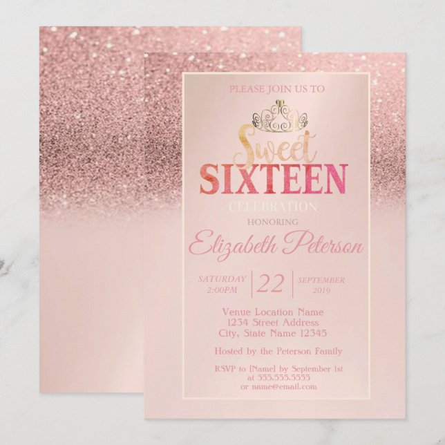 Tiara,Rose Gold Glitter Bokeh Ombre Sweet 16 Party Invitation (Front/Back)