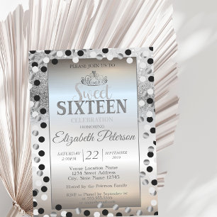 Tiara,Silver Glitter Bokeh Dots Sweet 16 Party Invitation