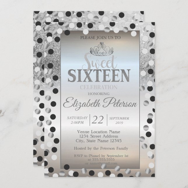 Tiara,Silver Glitter Bokeh Dots Sweet 16 Party Invitation (Front/Back)
