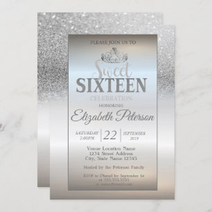 Tiara, Silver Glitter Bokeh Ombre Sweet 16 Party Invitation