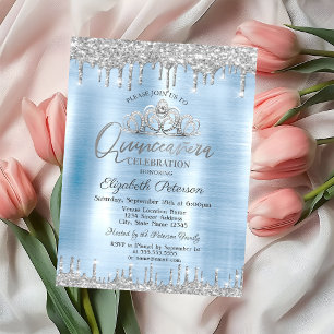 Tiara,Silver Glitter Drops Blue Quinceañera Invitation