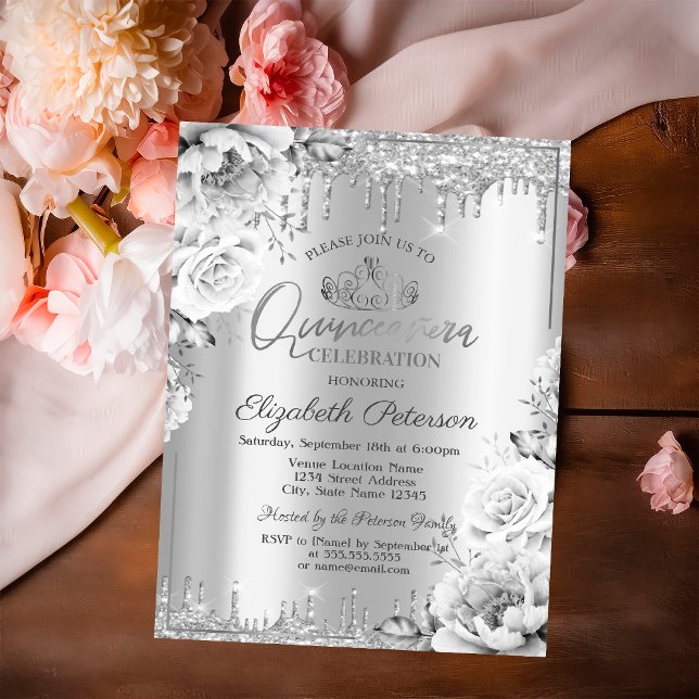 Tiara,Silver Glitter Drops Flowers Quinceañera  Invitation (Creator Uploaded)