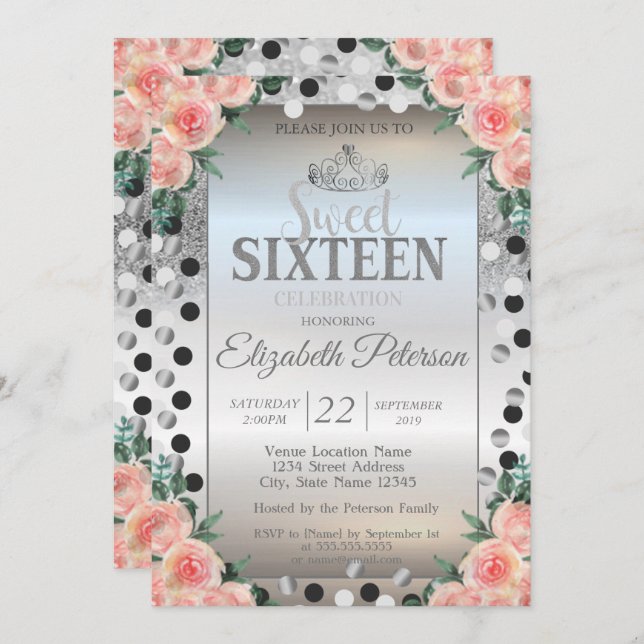 Tiara,Silver Glitter Roses Dots Sweet 16 Party Invitation (Front/Back)