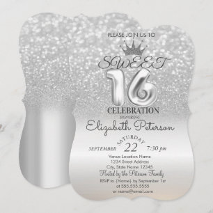 Tiara,Silver Sweet 16 Glitter Bokeh Ombre Party Invitation
