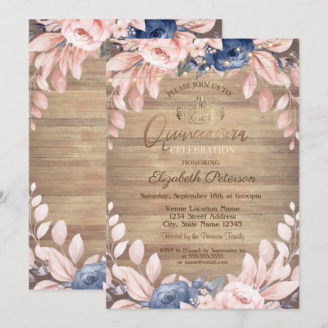 Tiara,String Lights,Blue Flowers Wood Quinceañera  Invitation (Front/Back)
