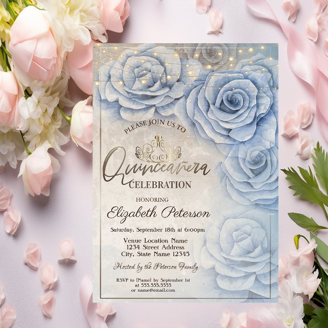 Tiara,String Lights Blue Roses Quinceañera Invitation (Creator Uploaded)