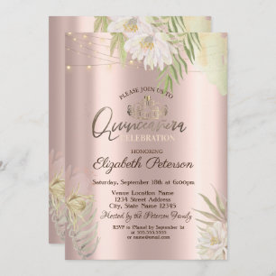 Tiara,String Lights Boho Flowers Quinceañera Invitation