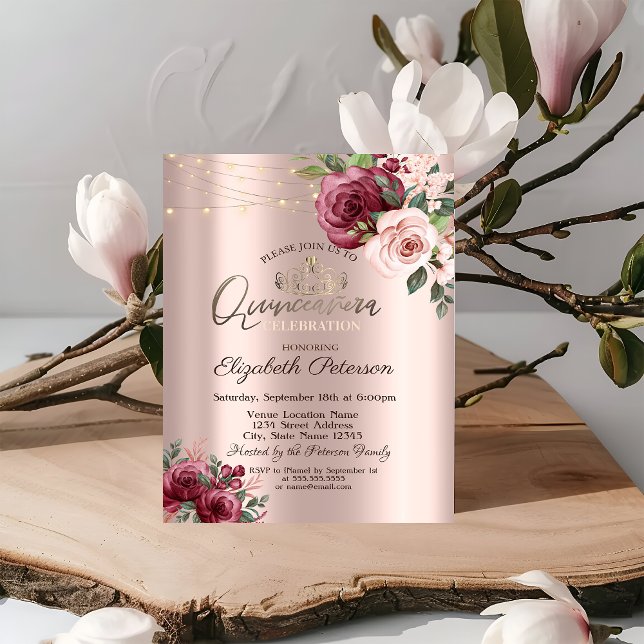 Tiara,String Lights Burgundy Roses  Quinceañera Invitation (Creator Uploaded)