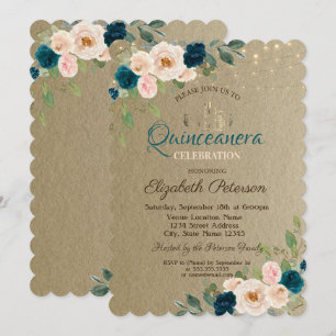 Tiara,String Lights Flowers Kraft Quinceañera Invitation