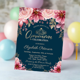 Tiara,String Lights Flowers Navy Blue Quinceañera Invitation