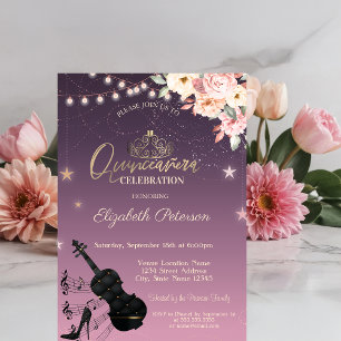 Tiara,String Lights,Guitar, Floral Quinceañera Invitation