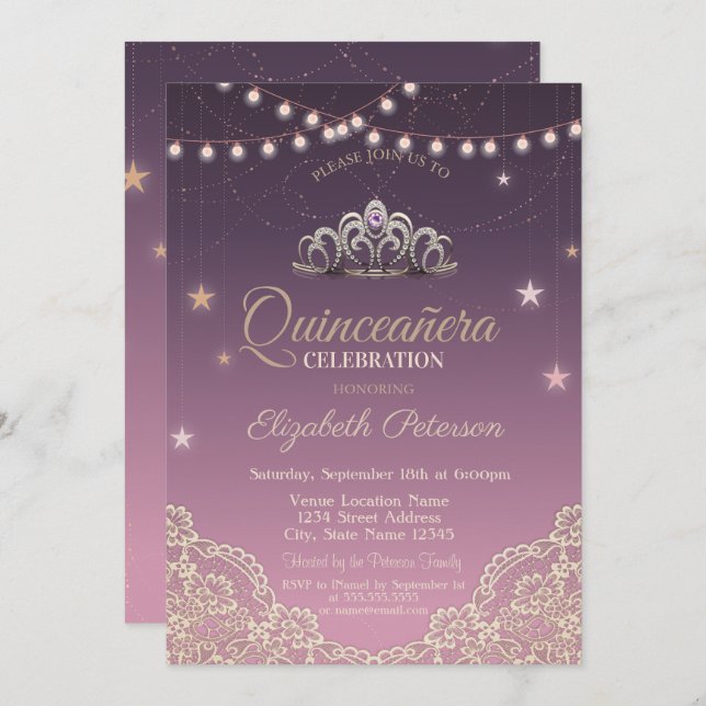 Tiara,String Lights,Lace  Quinceañera Invitation (Front/Back)