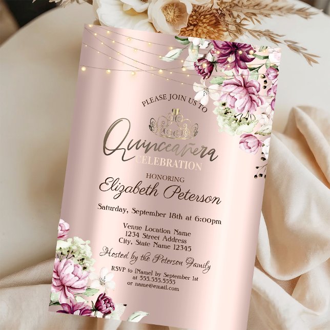 Tiara,String Lights Pink Flowers Quinceañera  Invitation (Creator Uploaded)