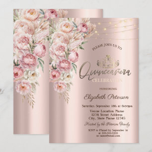 Tiara,String Lights Pink Roses  Quinceañera Invitation