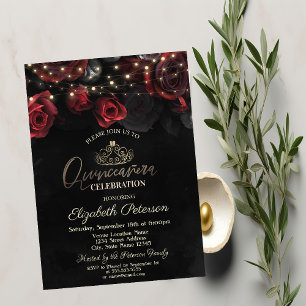 Tiara,String Lights Roses Black Quinceañera Invitation