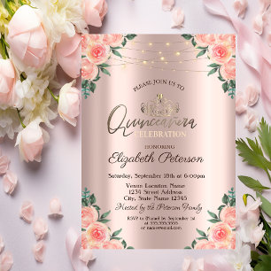 Tiara,String Lights Roses Quinceañera Invitation