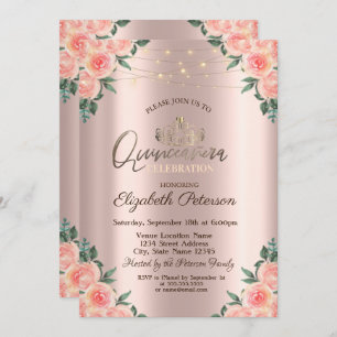 Tiara,String Lights Roses Quinceañera Invitation